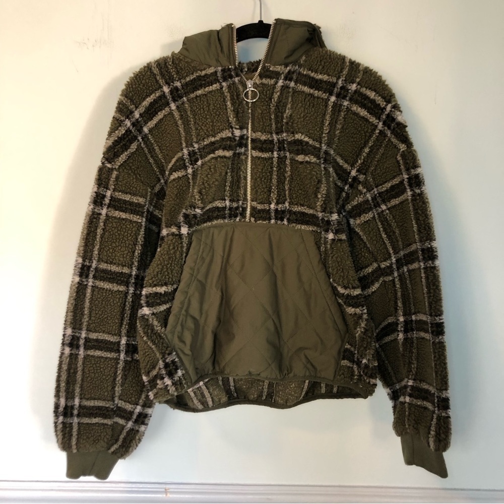Zara Green Plaid Fleece Sherpa Deep Pile Retro-X Pullover Hoodie Size XS